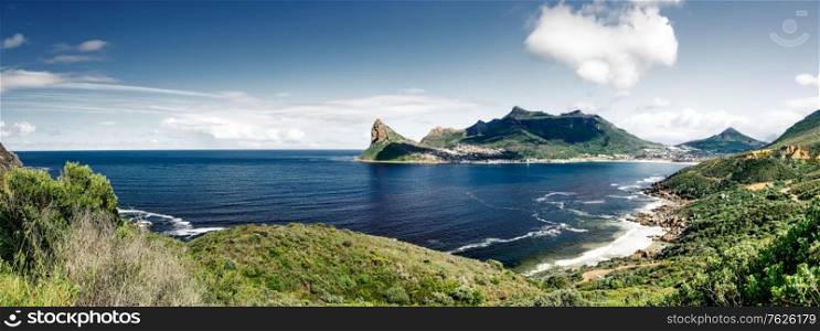 Beautiful landscape, amazing seascape with gorgeous mountains around it, beauty of wild nature, travel to South Africa