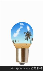 Beautiful landscape and light bulb isolated on white background