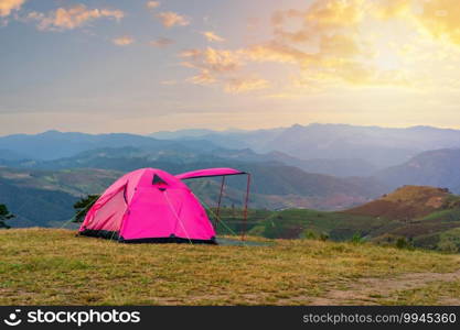 Beautiful landscape at sunset and c&ing on the mountain, Adventure travel lifestyle concept