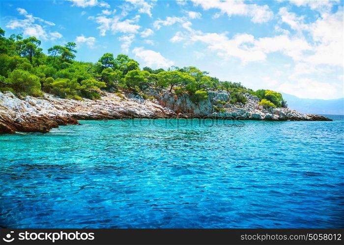 Beautiful landscape, clear blue sea, rocky seashore and fresh green trees on it, touristic place, panoramic scene, summer holidays concept