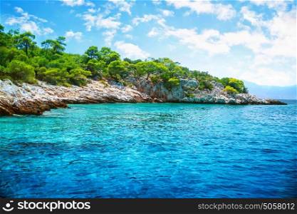 Beautiful landscape, clear blue sea, rocky seashore and fresh green trees on it, touristic place, panoramic scene, summer holidays concept
