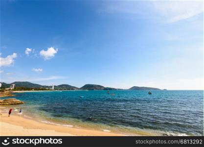 Beautiful landscape Hat Kalim Beach and Andaman Sea under sky sunny at the summer, famous attractions in Phuket island of Thailand