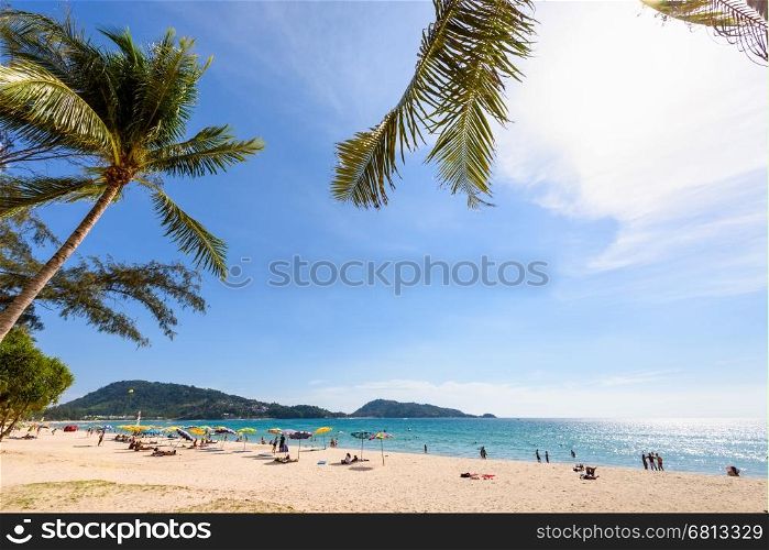 Beautiful landscape Hat Patong Beach and Andaman Sea under sky sunny at the summer, famous attractions in Phuket island of Thailand