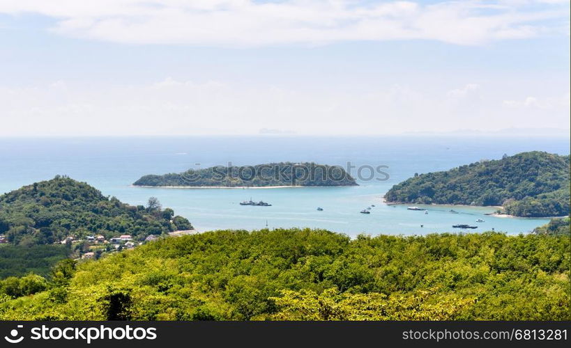 Beautiful landscape high angle view Andaman Sea and bay of Koh Tapao Noi in Phuket Island from Khao-Khad viewpoint famous attractions of Thailand, 16:9 Wide Screen