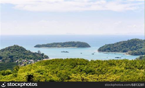 Beautiful landscape high angle view Andaman Sea and bay of Koh Tapao Noi in Phuket Island from Khao-Khad viewpoint famous attractions of Thailand, 16:9 Wide Screen