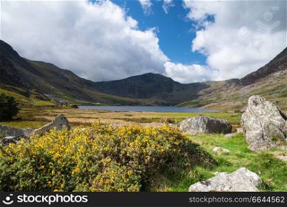 Beautiful landscape image of countryside around Llyn Ogwen in Snowdonia during early Autumn