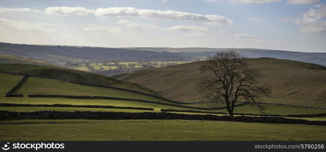 Beautiful landscape image of Peak District on bright sunny Spring day