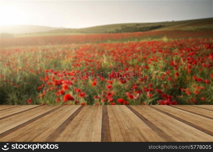 Beautiful landscape image of Summer poppy field under stunning sunset sky with wooden planks floor