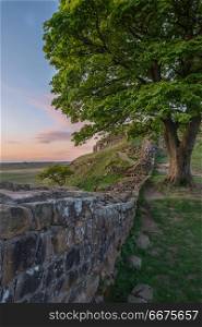 Beautiful landscape image of Sycamore Gap at Hadrian&rsquo;s Wall in N. Stunning landscape image of Sycamore Gap at Hadrian&rsquo;s Wall in Northumberland at sunset with fantastic late Spring light