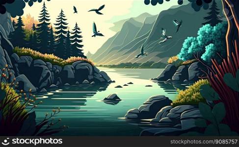 Beautiful landscape in the mountain with a river. Generative AI