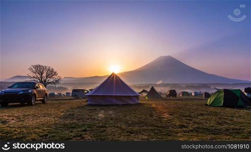 beautiful landscape morning sunrise and fuji mountain background and camping foreground at fumotoppara camp site&rsquo;s location and landmark fujinomiya Shizuoka japan