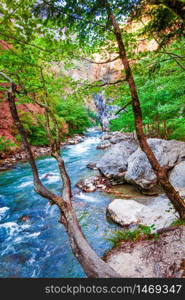 beautiful landscape, nature. forest mountain and blue stream, beauty nature scenery view background.