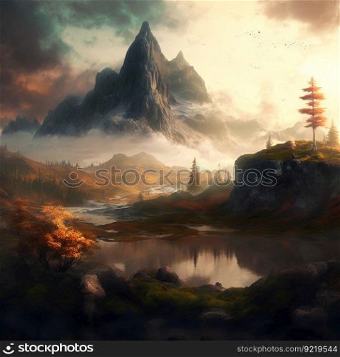 Beautiful landscape of a gorge with a lake in the fog with a background of snow-capped mountain peaks. Evening light at sunset, summer time. AI generated.. Beautiful landscape of a gorge with a lake in the fog with a background of snow-capped mountain peaks. AI generated.