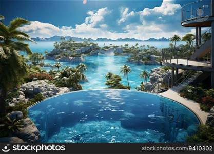Beautiful Landscape of a Pool in Resort with Tropical Sea Nature Background on Sunny Day