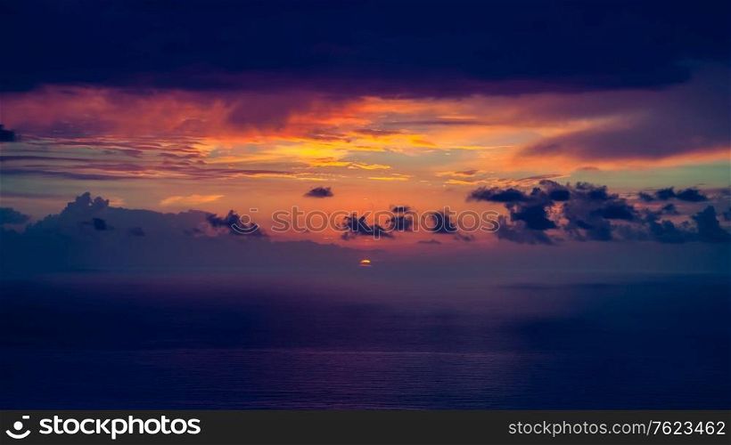 Beautiful landscape of dramatic sunset over the sea, amazing view of a colorful cloudy sky, beauty of Lebanon nature, Mediterranean sea