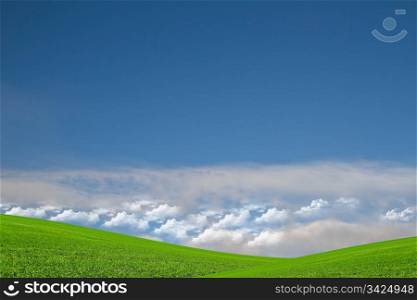 Beautiful landscape of green field and blue sky with smoke and cloudy