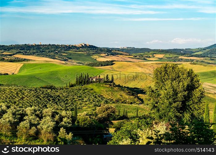 Beautiful landscape of green hilly Tuscan Field in summer with farm house, cypresses tree and the agricultural field in Valdorcia, Italy