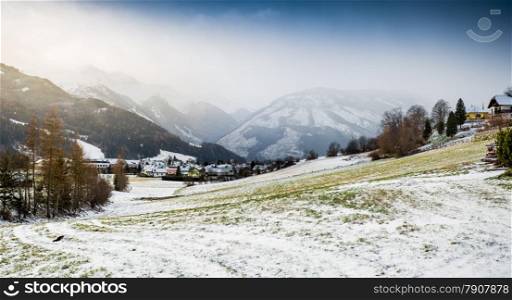 Beautiful landscape of highland meadows covered in snow at Austrian Alps