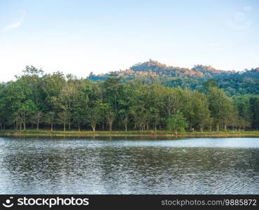 beautiful landscape of mountain lake under the morning sunlight at Chet Kod-Pong Kon Sao, Khao Yai National Park, Saraburi, Thailand.