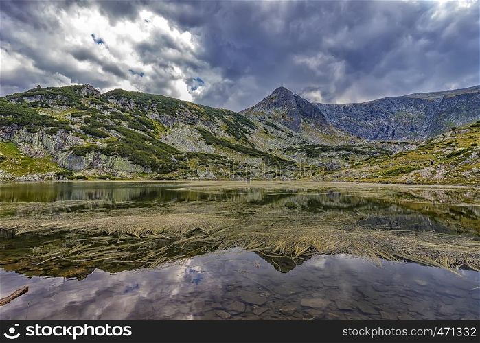Beautiful landscape of mountain lake with algae in Rila mountain, Bulgaria