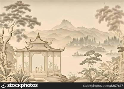 Beautiful landscape of mountains with gardens and flowers by chinese style. Beige, pastel colors. High quality illustration. Beautiful landscape of mountains with gardens and flowers by chinese style. Beige, pastel colors.