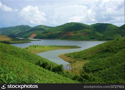 Beautiful landscape of nature with unique lake enclosed by rolling mountains