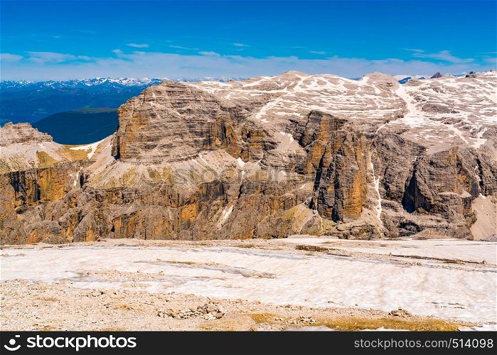 Beautiful landscape of Sella Group of The beautiful Dolomites the limestone mountain of the Italian Alps at Sass Pordoi in Belluno Italy