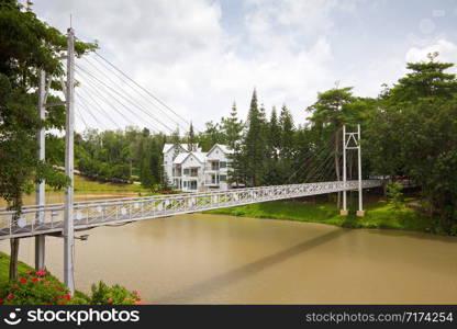 Beautiful landscape of small village and mountain and bridge