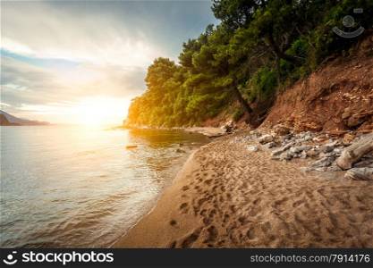 Beautiful landscape of sunset over beach at Montenegro
