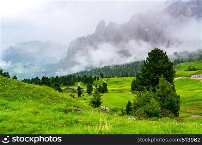 Beautiful landscape of the green valley at Sella Pass in South Tyrol Italy with Italian house, the hill of yellow flowers and the Sella Group mountain covered with rain clouds in the background