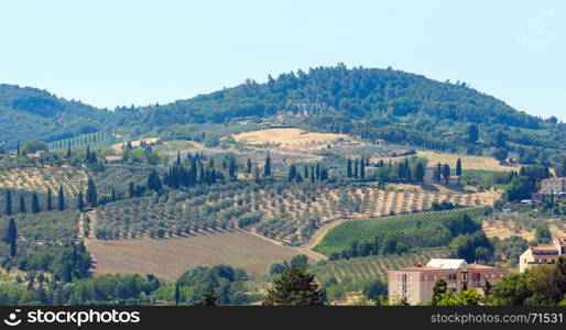 Beautiful landscape of Tuscany summer countryside from Pienza town walls. Typical for the Italy region Toscana hills, wheat field, olives garden, vineyards, cypress passes.