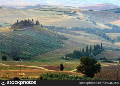 Beautiful landscape of Tuscany summer morning countryside in Italy.