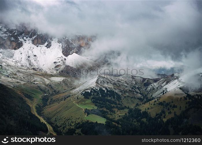 beautiful landscape. overcast day Dolomites mountains view at the cloudy day, Italy