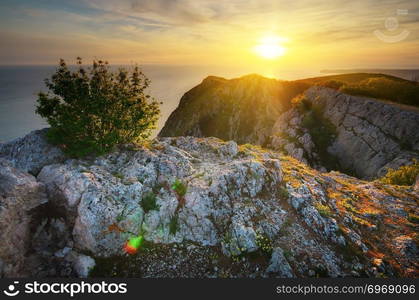 Beautiful landscape. Rock, mountain and sea. Composition of nature.