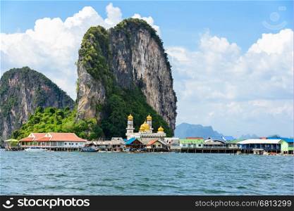 Beautiful landscape sea and blue sky in summer at Punyi Island or Koh Panyee is fisherman village cultural attractions travel by boat in Phang Nga Bay or Ao Phang Nga National Park, Thailand