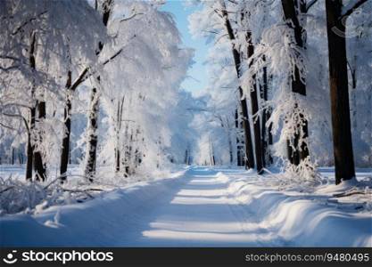 Beautiful landscape, snowy road in the forest between the trees, winter sseason. Generative AI