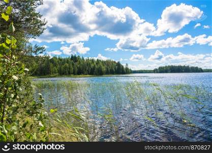 Beautiful landscape with a large lake on a summer day, Karelia, Russia.