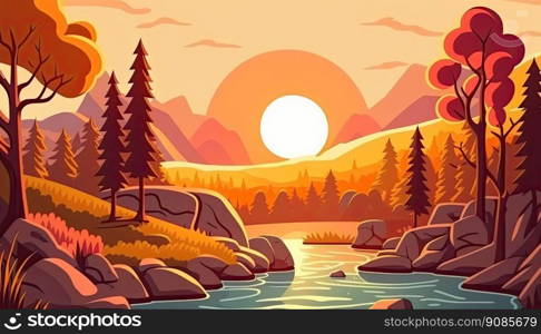 Beautiful landscape with a river and the sun of background. Generative AI