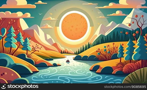 Beautiful landscape with a river and the sun of background. Generative AI