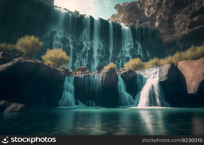 Beautiful landscape with big waterfall in sunny∑mertime. Neural≠twork AI≥≠rated art. Beautiful landscape with big waterfall in sunny∑mertime. Neural≠twork≥≠rated art