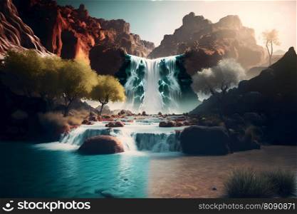 Beautiful landscape with big waterfall in sunny summertime. Neural network AI generated art. Beautiful landscape with big waterfall in sunny summertime. Neural network generated art