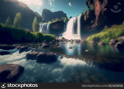 Beautiful landscape with big waterfall in sunny summertime. Neural network AI generated art. Beautiful landscape with big waterfall in sunny summertime. Neural network generated art