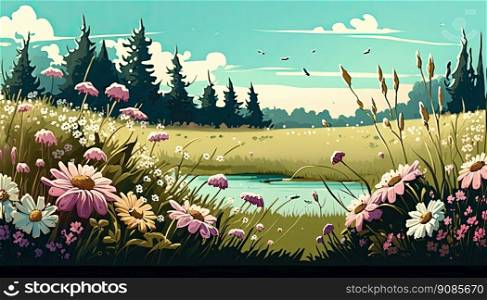 Beautiful landscape with flowers with the sky of background. Generative AI