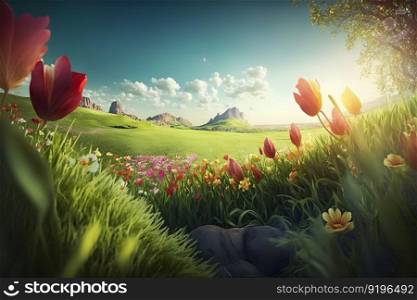 Beautiful landscape with green field and wild tulips under blue cloudy sky. Neural network AI generated art. Beautiful landscape with green field and wild tulips under blue cloudy sky. Neural network AI generated