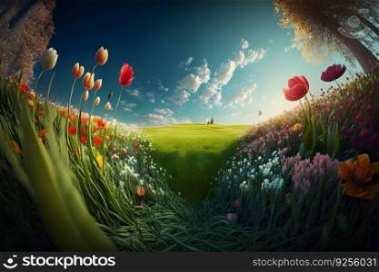 Beautiful landscape with green field and wild tulips under blue cloudy sky. Neural network AI generated art. Beautiful landscape with green field and wild tulips under blue cloudy sky. Neural network AI generated