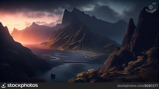 Beautiful landscape with high mountains and lagoon water with sunlight golden sunrise, nature, Generative AI