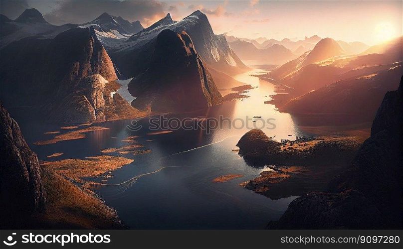 Beautiful landscape with high mountains and lagoon water with sunlight golden sunrise, nature, Generative AI