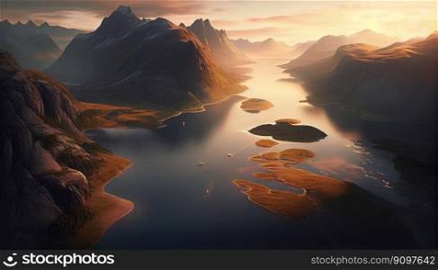 Beautiful landscape with high mountains and lagoon water with sunlight golden sunrise, nature, Generative AI