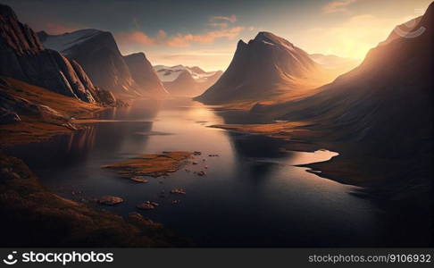 Beautiful landscape with high mountains and lagoon water with sunlight golden sunrise, nature, Generative AI