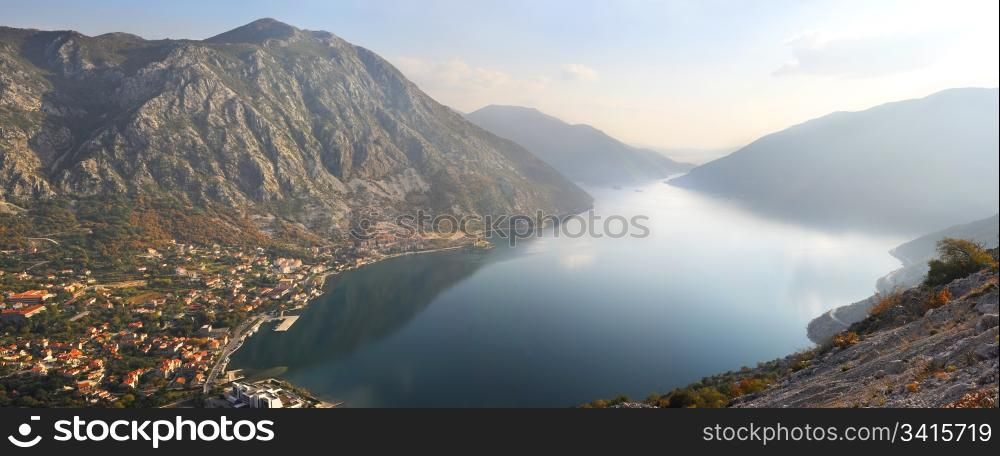 Beautiful landscape with sea and mountain. Risan, Montenegro
